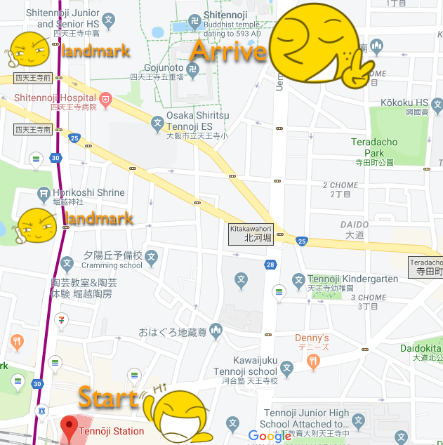 route from Tennoji Station to Shitennoji