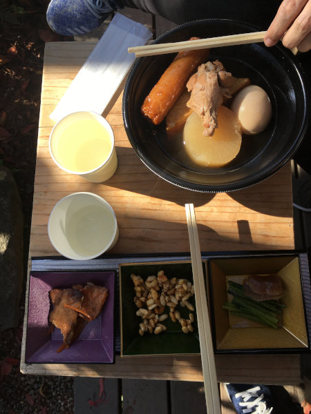 Oden side dish and sake in garden